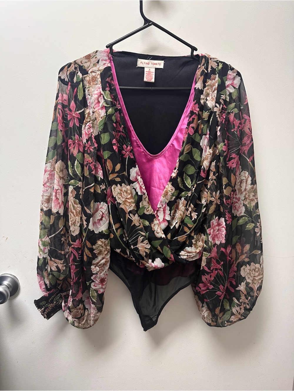 Flying Tomato Floral Mesh Bodysuit Top in Black and Pink